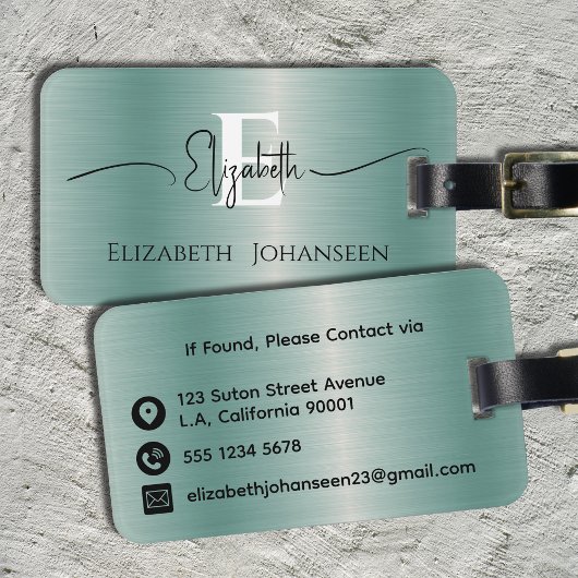 Elegante moderne blauwe geborstelde metalen monogr bagagelabel