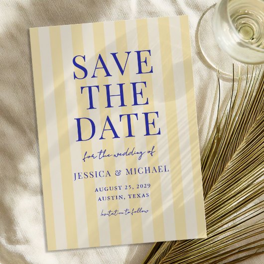 Elegante moderne blauwe gele gestreepte trouw save the date