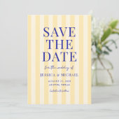 Elegante moderne blauwe gele gestreepte trouw save the date (Staand voorkant)