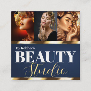 Elegante moderne blauwe gouden schoonheidssalon 3 vierkante visitekaartje