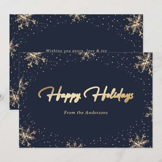 Elegante moderne blauwe gouden sneeuwvlok feestdagenkaart (Voorkant / Achterkant)