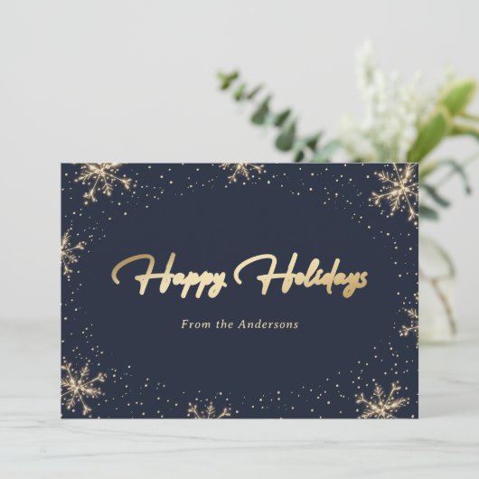 Elegante moderne blauwe gouden sneeuwvlok feestdagenkaart (Staand voorkant)