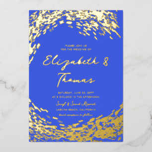 Elegante moderne blauwe gouden surfergolf strand b folie uitnodiging