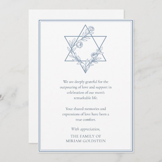 Elegante moderne blauwe joodse ster sympathie bedankkaart (Voorkant / Achterkant)