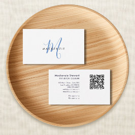 Elegante moderne blauwe script monogram QR-code Visitekaartje