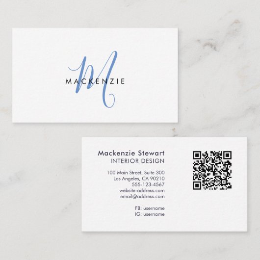 Elegante moderne blauwe script monogram QR-code Visitekaartje (Voorkant / Achterkant)