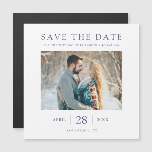 Elegante moderne blauwe tekst Save the Date Weddin Magnetische Uitnodiging (Voorkant / Achterkant)