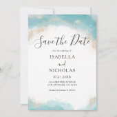 Elegante Moderne Blauwe Waterverf Gouden Bruiloft Save The Date (Voorkant)