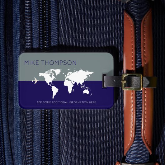 Elegante, moderne blauwgrijze wereldkaart REIZEN Bagagelabel (Voorkant Insitu 4)