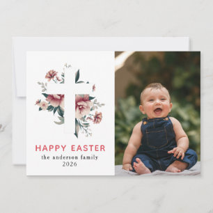 Elegante moderne bloem- en kruis Happy Easter-foto Feestdagenkaart