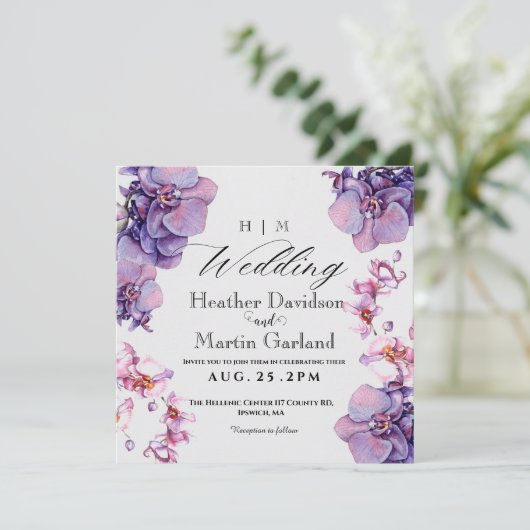 Elegante moderne bloem Paarse orchidee bruiloft Kaart (Staand voorkant)