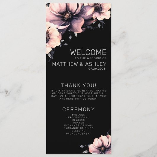 Elegante moderne bloemblush roze bruiloft programmakaart (Voorkant)