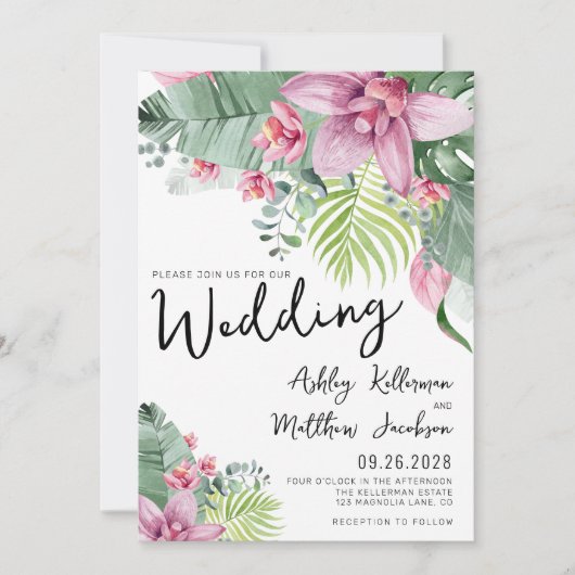 Elegante moderne bloemen tropische bruiloft kaart (Voorkant)
