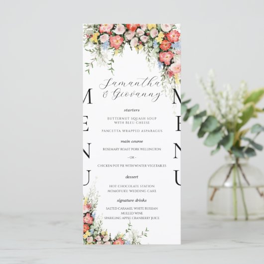Elegante moderne bloemenbruiloft menu (Staand voorkant)