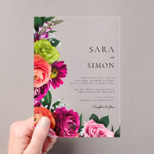 Elegante moderne bloemenperzik bruiloft acryl uitnodigingen (Insitu (Draagbaar))