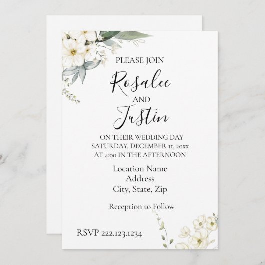 Elegante moderne bloemige bruiloft uitnodiging (Voorkant / Achterkant)