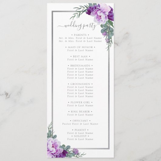 Elegante moderne bloemige Paarse & zilveren bruilo Programmakaart (Achterkant)