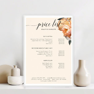 Elegante, moderne, bloemige pioen prijslijst  poster