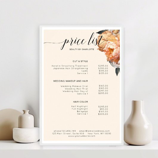 Elegante, moderne, bloemige pioen prijslijst poster