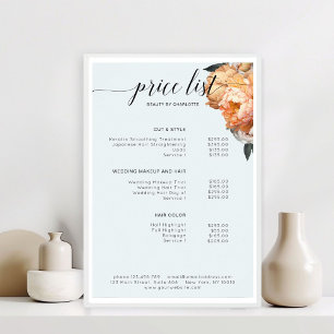 Elegante, moderne, bloemige pioen prijslijst poster