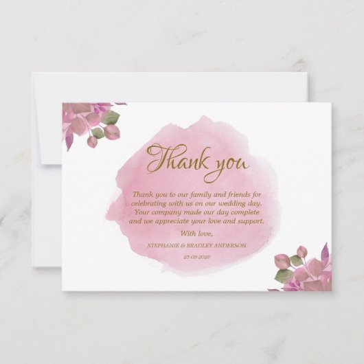 Elegante moderne bloemige roze bruiloft dank u kaa bedankkaart (Voorkant)