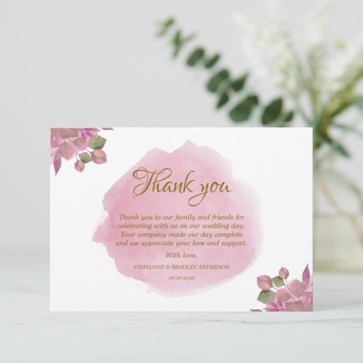 Elegante moderne bloemige roze bruiloft dank u kaa bedankkaart (Staand voorkant)