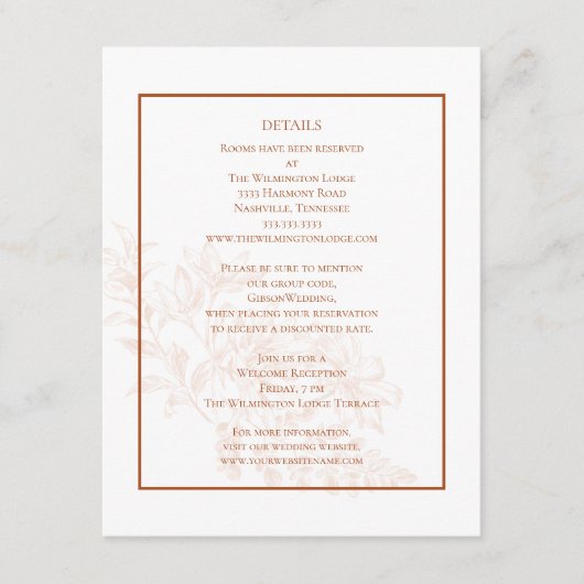 Elegante moderne bloemige Terra Cotta bruiloft det Informatiekaartje (Voorkant)