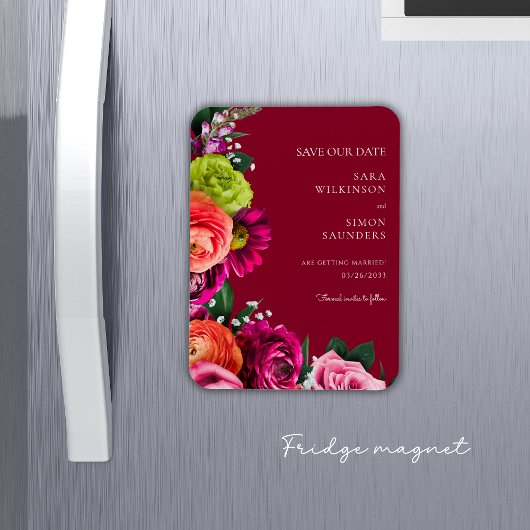 Elegante moderne bloemrijke bordeaux save the date magneet
