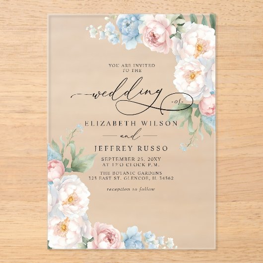 Elegante moderne blos botanische bloemen bruiloft acryl uitnodigingen (Voorkant)