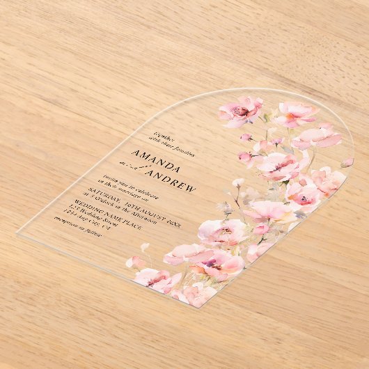 Elegante moderne Blush Roze Bloemen Fotobruiloft Acryl Uitnodigingen (Laagn)