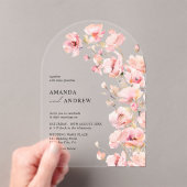 Elegante moderne Blush Roze Bloemen Fotobruiloft Acryl Uitnodigingen (Insitu (Draagbaar))