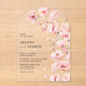 Elegante moderne Blush Roze Bloemen Fotobruiloft Acryl Uitnodigingen (Voorkant)