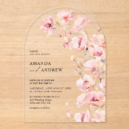 Elegante moderne Blush Roze Bloemen Fotobruiloft Acryl Uitnodigingen