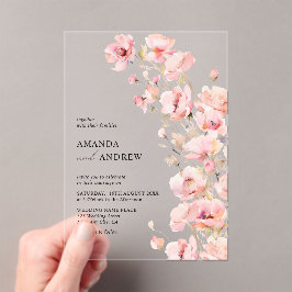 Elegante moderne Blush Roze Bloemen Fotobruiloft Acryl Uitnodigingen