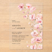 Elegante moderne Blush Roze Bloemen Fotobruiloft Acryl Uitnodigingen (Voorkant)