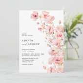 Elegante moderne Blush Roze Bloemen Fotobruiloft Kaart (Staand voorkant)