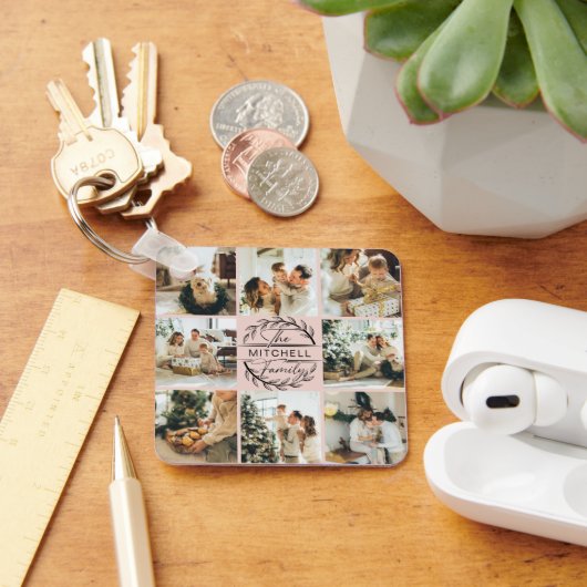 Elegante moderne blush roze familie fotocollage sleutelhanger (Bureau)
