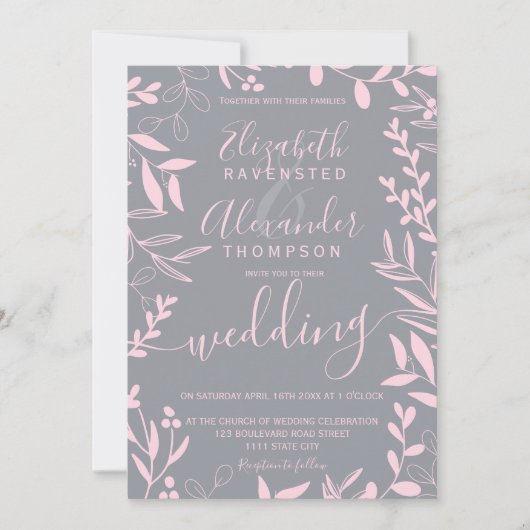 Elegante moderne blush roze grijze bloemen bruilof kaart (Voorkant)