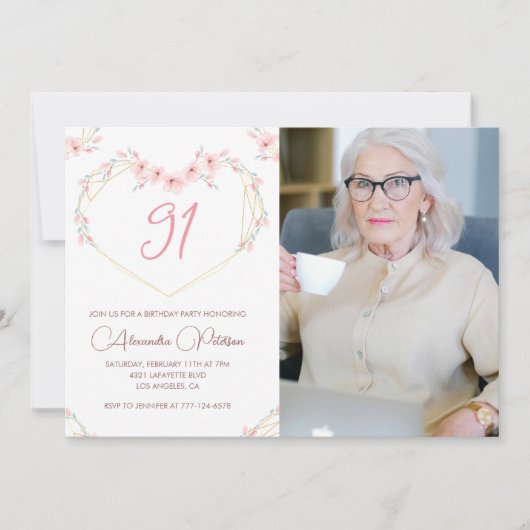 Elegante Moderne Boho Bloemenfoto 91ste verjaardag Kaart (Voorkant)