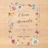 Elegante moderne Boho Wildflower bruiloft Acryl Uitnodigingen (Voorkant)