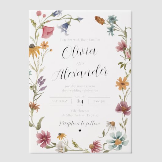 Elegante moderne Boho Wildflower bruiloft Vellum Uitnodigingen (Voorkant)