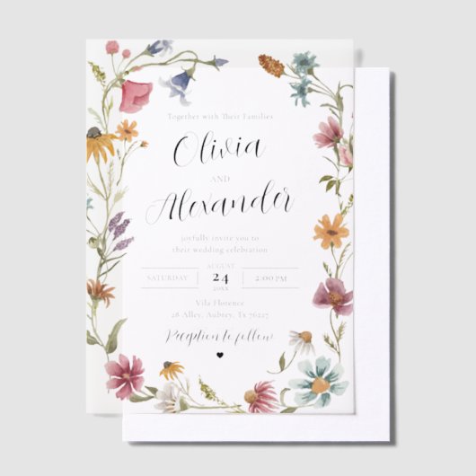 Elegante moderne Boho Wildflower bruiloft Vellum Uitnodigingen (Offset)