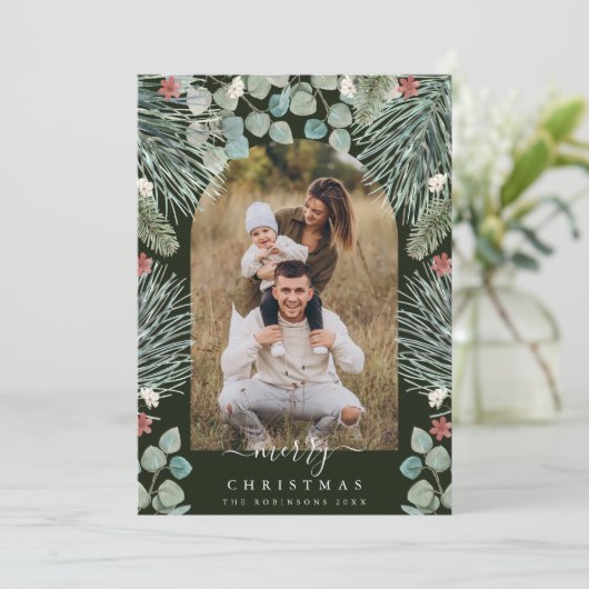 Elegante moderne boog botanische Kerst foto uitnod Feestdagenkaart (Staand voorkant)