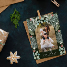 Elegante moderne boog botanische kerst foto uitnod