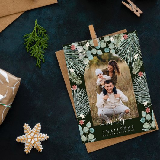 Elegante moderne boog botanische kerst foto uitnod feestdagenkaart