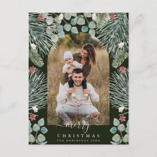 Elegante moderne boog botanische kerst foto uitnod feestdagenkaart (Voorkant)