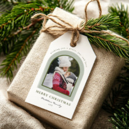 Elegante moderne boog familie foto kerst cadeaulabel