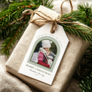 Elegante moderne boog familie foto kerst cadeaulabel