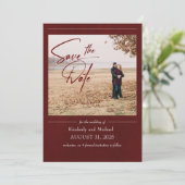 Elegante moderne bordeauxrode save the date-foto save the date (Staand voorkant)