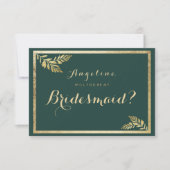 Elegante moderne bos groen gouden blad Bruidsmeisj Kaart (Voorkant)